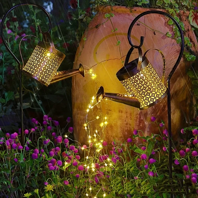 1 Stück Solar-Gießkannenlicht, Gartendekorationen, Außenduschlichter, große Retro-Metalllaterne mit hängendem Stern, blinkender LED-Feenkunst-Dekolicht, Halloween-Dekorationslichter im Freien, für Gehweg-Gartenterrasse im Freien