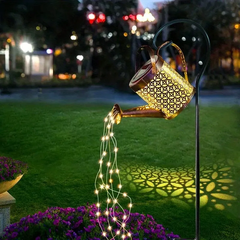 1 Stück Solar-Gießkannenlicht, Gartendekorationen, Außenduschlichter, große Retro-Metalllaterne mit hängendem Stern, blinkender LED-Feenkunst-Dekolicht, Halloween-Dekorationslichter im Freien, für Gehweg-Gartenterrasse im Freien
