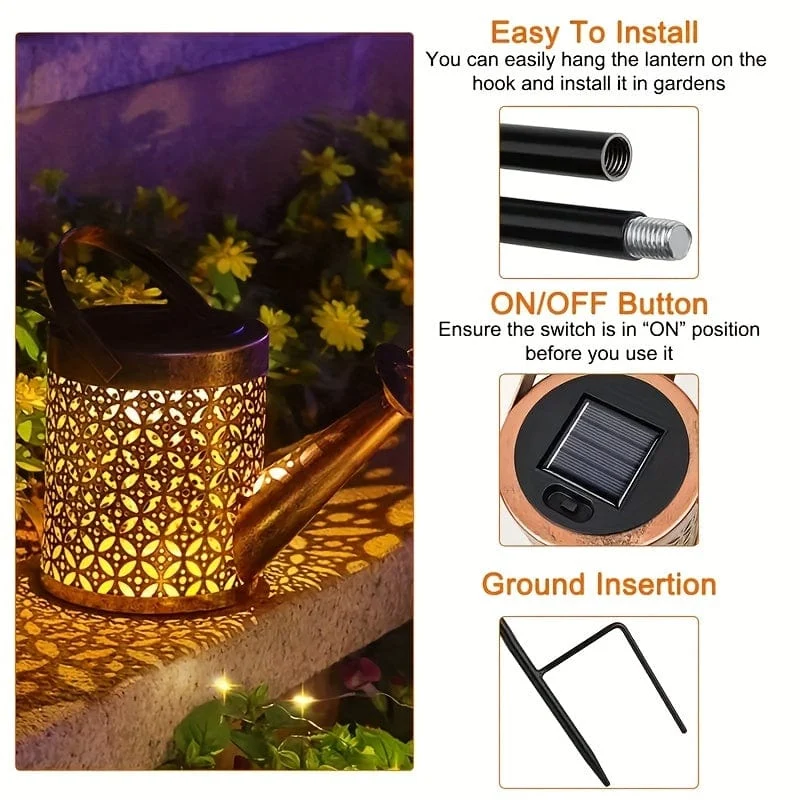 1 Stück Solar-Gießkannenlicht, Gartendekorationen, Außenduschlichter, große Retro-Metalllaterne mit hängendem Stern, blinkender LED-Feenkunst-Dekolicht, Halloween-Dekorationslichter im Freien, für Gehweg-Gartenterrasse im Freien