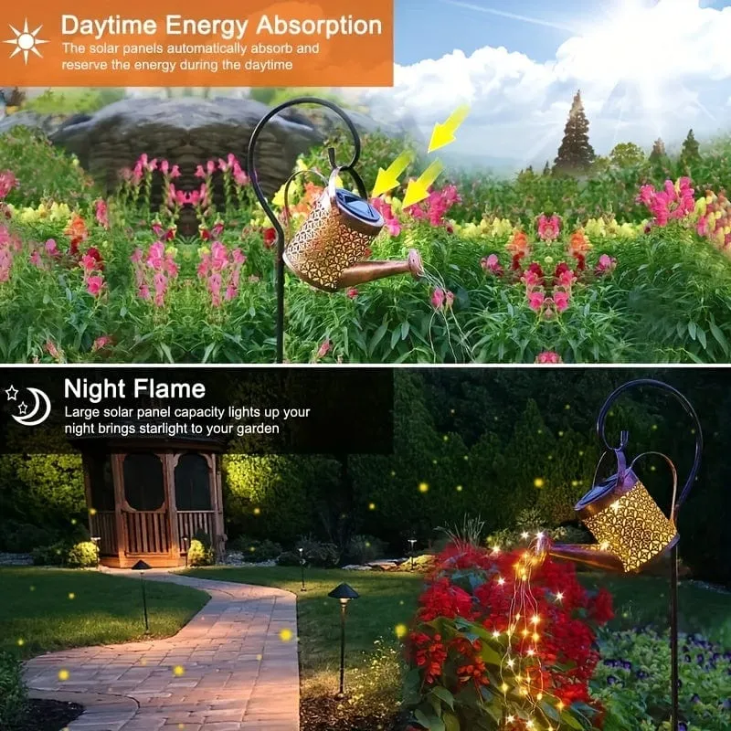 1 Stück Solar-Gießkannenlicht, Gartendekorationen, Außenduschlichter, große Retro-Metalllaterne mit hängendem Stern, blinkender LED-Feenkunst-Dekolicht, Halloween-Dekorationslichter im Freien, für Gehweg-Gartenterrasse im Freien