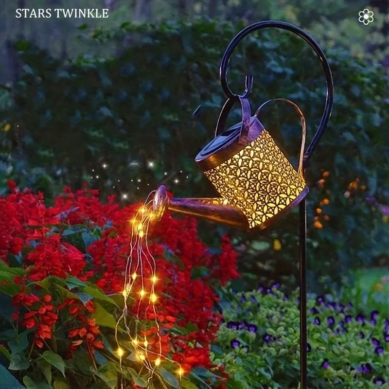 1 Stück Solar-Gießkannenlicht, Gartendekorationen, Außenduschlichter, große Retro-Metalllaterne mit hängendem Stern, blinkender LED-Feenkunst-Dekolicht, Halloween-Dekorationslichter im Freien, für Gehweg-Gartenterrasse im Freien