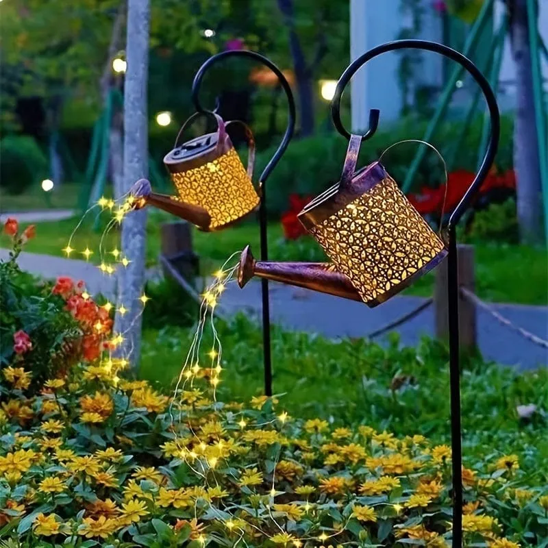 1 Stück Solar-Gießkannenlicht, Gartendekorationen, Außenduschlichter, große Retro-Metalllaterne mit hängendem Stern, blinkender LED-Feenkunst-Dekolicht, Halloween-Dekorationslichter im Freien, für Gehweg-Gartenterrasse im Freien