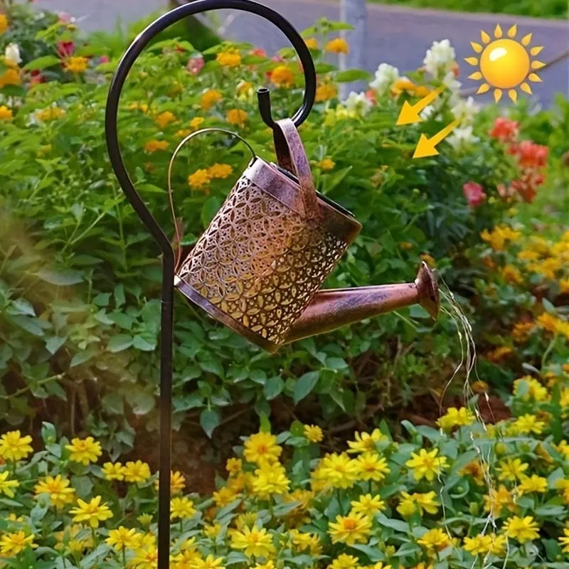 1 Stück Solar-Gießkannenlicht, Gartendekorationen, Außenduschlichter, große Retro-Metalllaterne mit hängendem Stern, blinkender LED-Feenkunst-Dekolicht, Halloween-Dekorationslichter im Freien, für Gehweg-Gartenterrasse im Freien