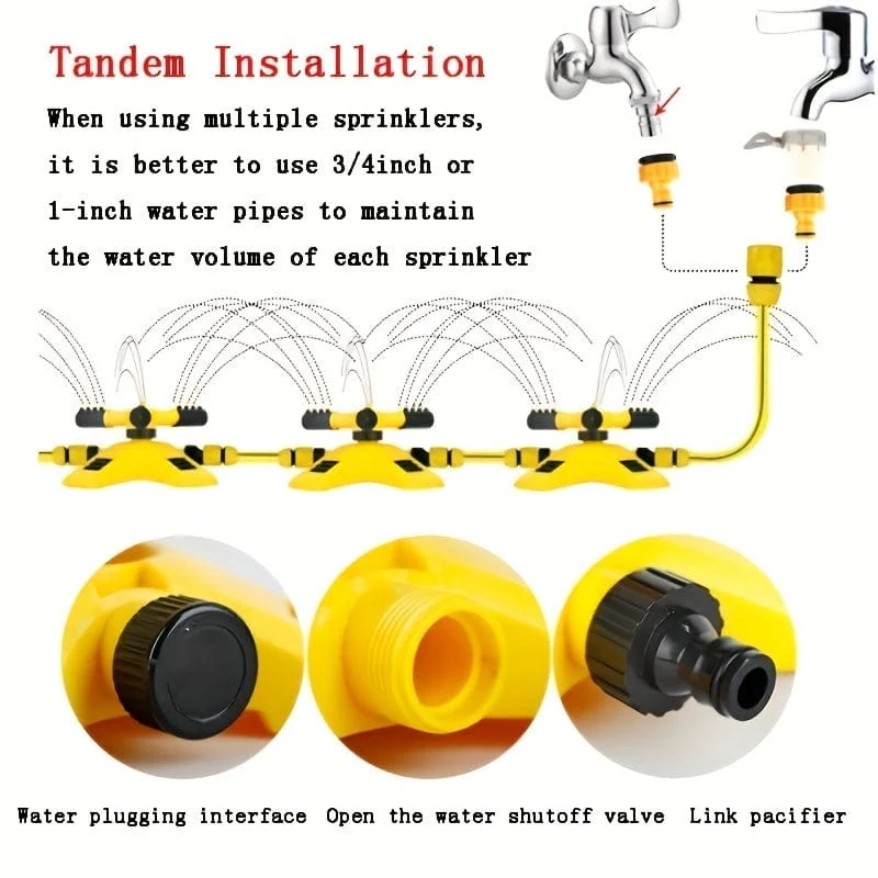 1 Stück automatischer Rasensprinkler, 360° drehbar, 3 verstellbare Dreharme, kombinierbar, Mehrwinkel-Großflächenabdeckung für Gartenrasen, automatische Bewässerung, Dachkühlung, Gelb