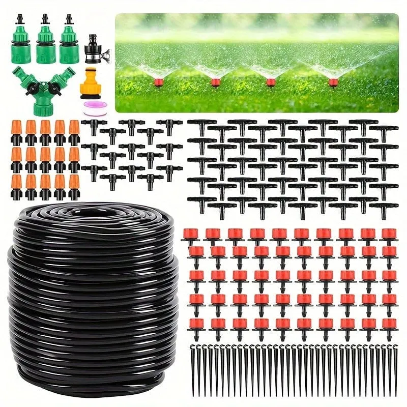 1 Packung, Garten-Tropfbewässerungsset, 164 ft/50 m Gewächshaus-Mikro-Tropfbewässerungssystem-Set mit 1/4 Zoll leerem Verteilerschlauch, verstellbare Terrassen-Nebeldüse, Strahler, Sprinkler, Widerhaken
