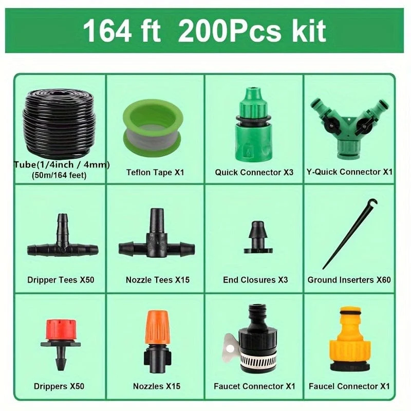 1 Packung, Garten-Tropfbewässerungsset, 164 ft/50 m Gewächshaus-Mikro-Tropfbewässerungssystem-Set mit 1/4 Zoll leerem Verteilerschlauch, verstellbare Terrassen-Nebeldüse, Strahler, Sprinkler, Widerhaken