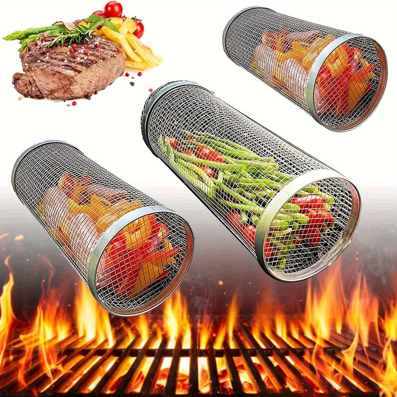 3 Stück/Set, BBQ-Rollgrillkorb, Edelstahl-Grillkäfig, rundes Edelstahl-BBQ-Grillnetz für Gemüse-Pommes-Fisch, BBQ-Gemüsescheibenkorb für Picknick-Camping im Freien, Grillzubehör, Grillzubehör