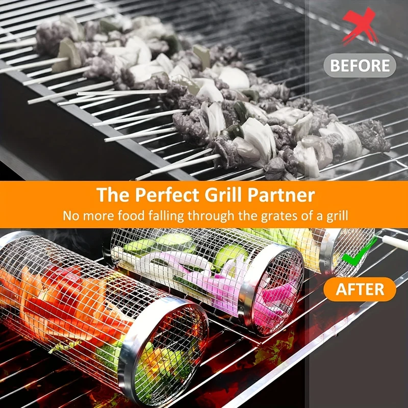 3 Stück/Set, BBQ-Rollgrillkorb, Edelstahl-Grillkäfig, rundes Edelstahl-BBQ-Grillnetz für Gemüse-Pommes-Fisch, BBQ-Gemüsescheibenkorb für Picknick-Camping im Freien, Grillzubehör, Grillzubehör