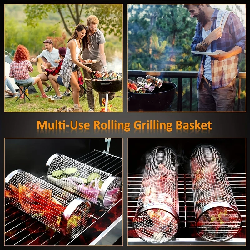 3 Stück/Set, BBQ-Rollgrillkorb, Edelstahl-Grillkäfig, rundes Edelstahl-BBQ-Grillnetz für Gemüse-Pommes-Fisch, BBQ-Gemüsescheibenkorb für Picknick-Camping im Freien, Grillzubehör, Grillzubehör