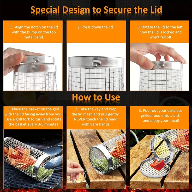 3 Stück/Set, BBQ-Rollgrillkorb, Edelstahl-Grillkäfig, rundes Edelstahl-BBQ-Grillnetz für Gemüse-Pommes-Fisch, BBQ-Gemüsescheibenkorb für Picknick-Camping im Freien, Grillzubehör, Grillzubehör