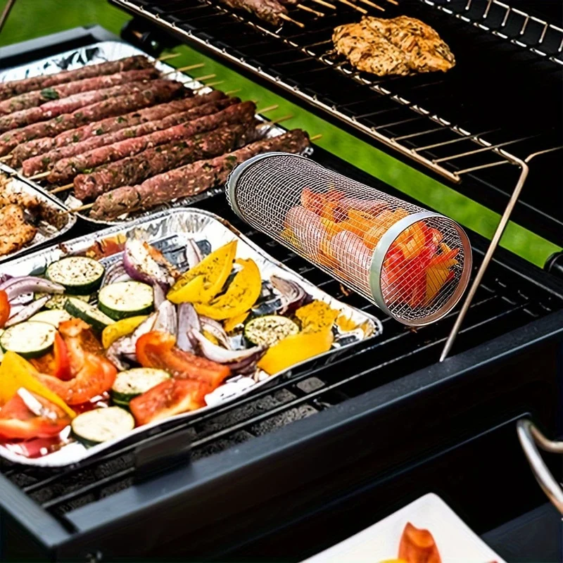 3 Stück/Set, BBQ-Rollgrillkorb, Edelstahl-Grillkäfig, rundes Edelstahl-BBQ-Grillnetz für Gemüse-Pommes-Fisch, BBQ-Gemüsescheibenkorb für Picknick-Camping im Freien, Grillzubehör, Grillzubehör