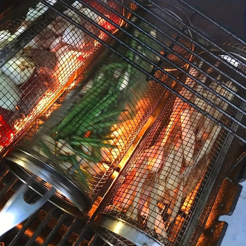 3 Stück/Set, BBQ-Rollgrillkorb, Edelstahl-Grillkäfig, rundes Edelstahl-BBQ-Grillnetz für Gemüse-Pommes-Fisch, BBQ-Gemüsescheibenkorb für Picknick-Camping im Freien, Grillzubehör, Grillzubehör