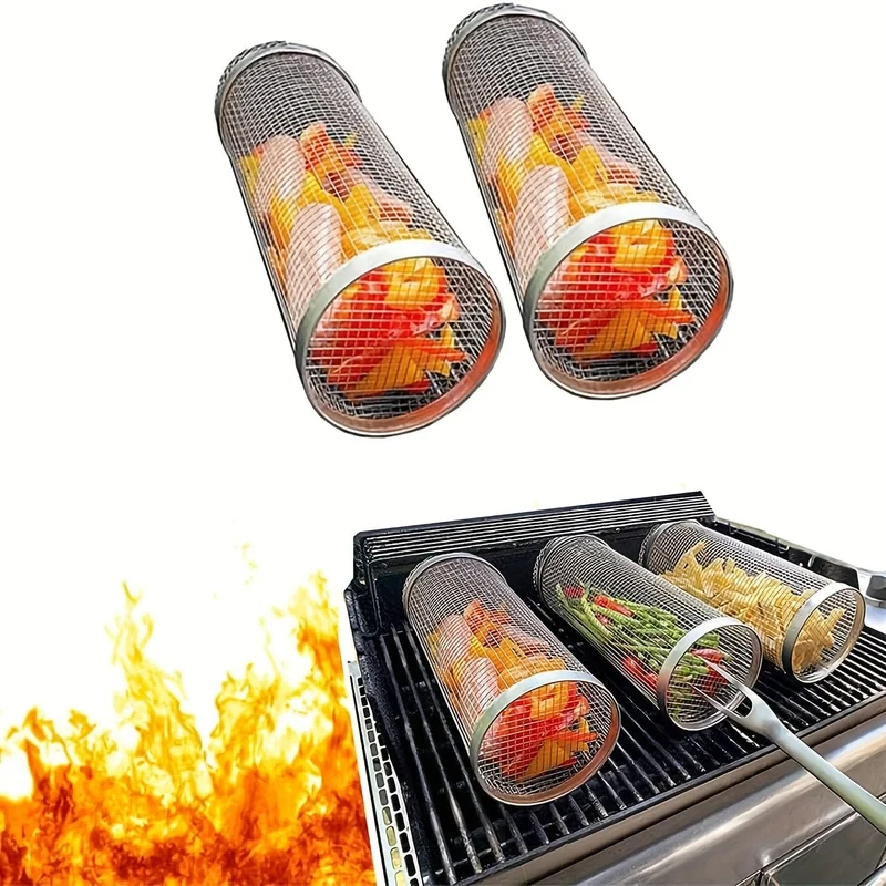 3 Stück/Set, BBQ-Rollgrillkorb, Edelstahl-Grillkäfig, rundes Edelstahl-BBQ-Grillnetz für Gemüse-Pommes-Fisch, BBQ-Gemüsescheibenkorb für Picknick-Camping im Freien, Grillzubehör, Grillzubehör
