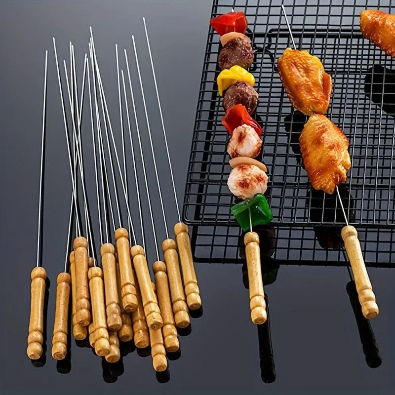 10 Stück, Grillspieße, Edelstahlspieße zum Grillen, multifunktionale Grillspieße aus Metall, Grillspieße aus Edelstahl, Grillspieße mit Holzgriff, Grillnadelstäbchen, Kochen im Freien, Grillzubehör,