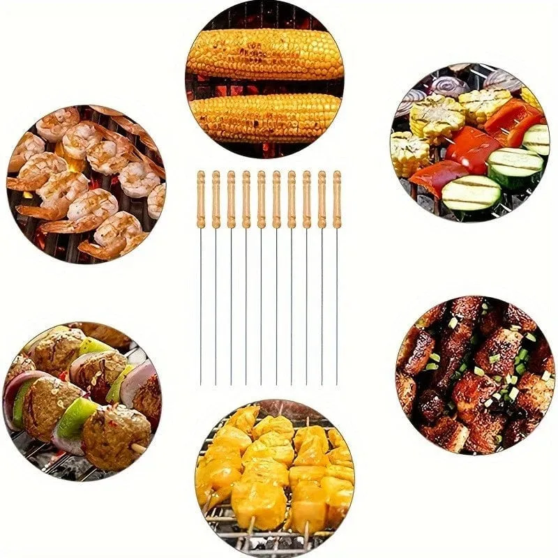 10 Stück, Grillspieße, Edelstahlspieße zum Grillen, multifunktionale Grillspieße aus Metall, Grillspieße aus Edelstahl, Grillspieße mit Holzgriff, Grillnadelstäbchen, Kochen im Freien, Grillzubehör,