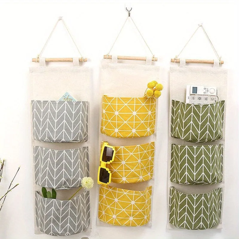 1 Stück Baumwoll-Leinen-Aufbewahrungstasche zum Aufhängen, mit 3 Taschen, Organizer zum Aufhängen an der Türrückwand, Stoff-Aufbewahrungstasche, Wand-Aufbewahrungstasche, für Spielzeug, Socken, Schuhe, Kleinigkeiten, Heimaufbewahrung