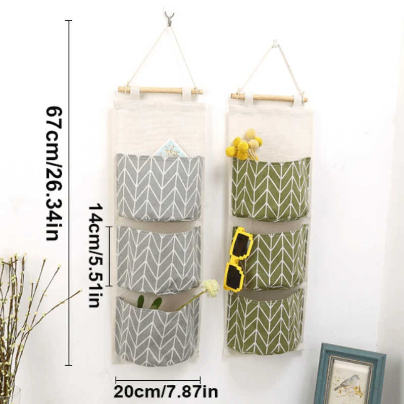 1 Stück Baumwoll-Leinen-Aufbewahrungstasche zum Aufhängen, mit 3 Taschen, Organizer zum Aufhängen an der Türrückwand, Stoff-Aufbewahrungstasche, Wand-Aufbewahrungstasche, für Spielzeug, Socken, Schuhe, Kleinigkeiten, Heimaufbewahrung