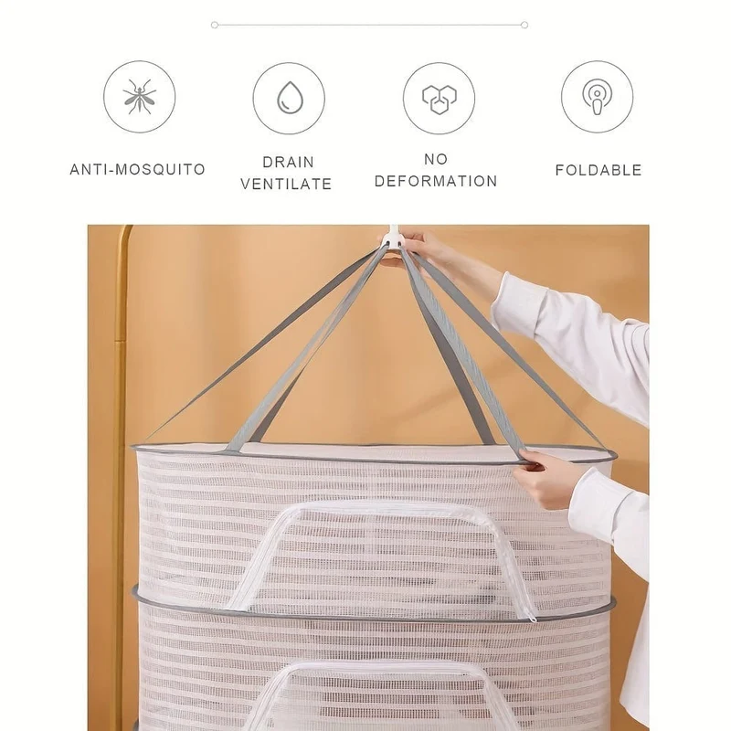 1 Stück Kräuter-Trockengestell, 3-lagiges hängendes Netznetz für Kräuter, hängendes Fisch-Trockennetz, faltbarer Trocknerbeutel für Obst, Hydrokultur-Blumen, Gemüse, Fisch, Kleidung, Puppe