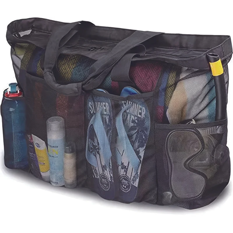 1 Stück extra große Mesh-Strandtasche, atmungsaktive Mesh-Tragetasche mit Reißverschluss und Seitentaschen, tragbare Organizer-Tasche mit großem Fassungsvermögen