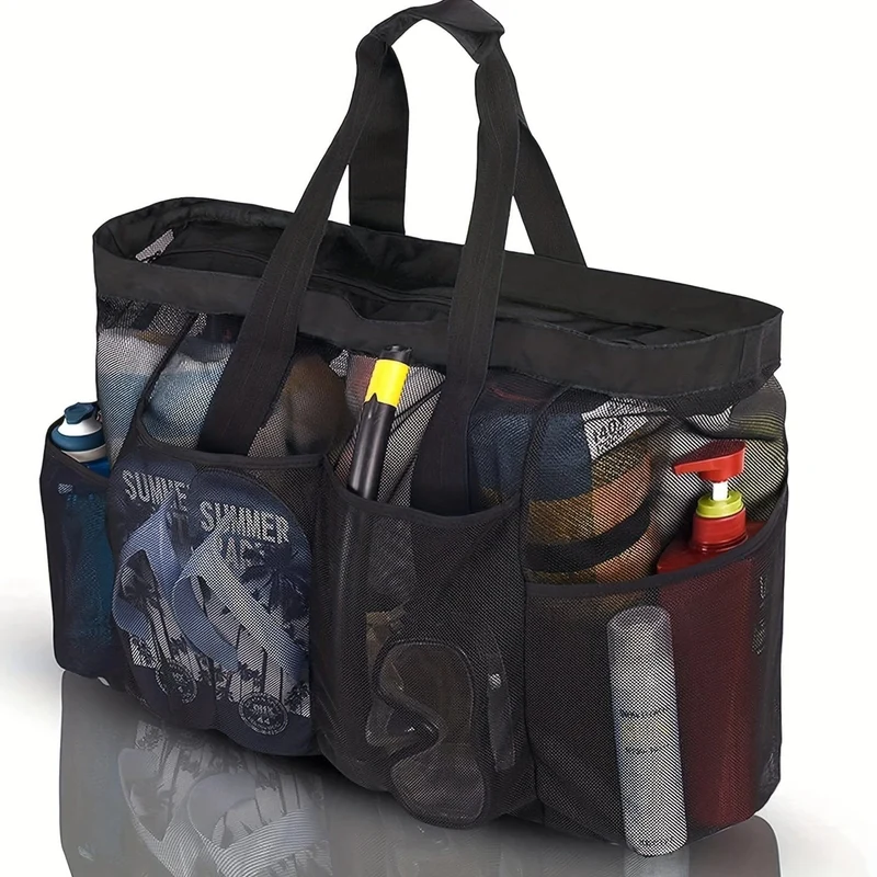 1 Stück extra große Mesh-Strandtasche, atmungsaktive Mesh-Tragetasche mit Reißverschluss und Seitentaschen, tragbare Organizer-Tasche mit großem Fassungsvermögen