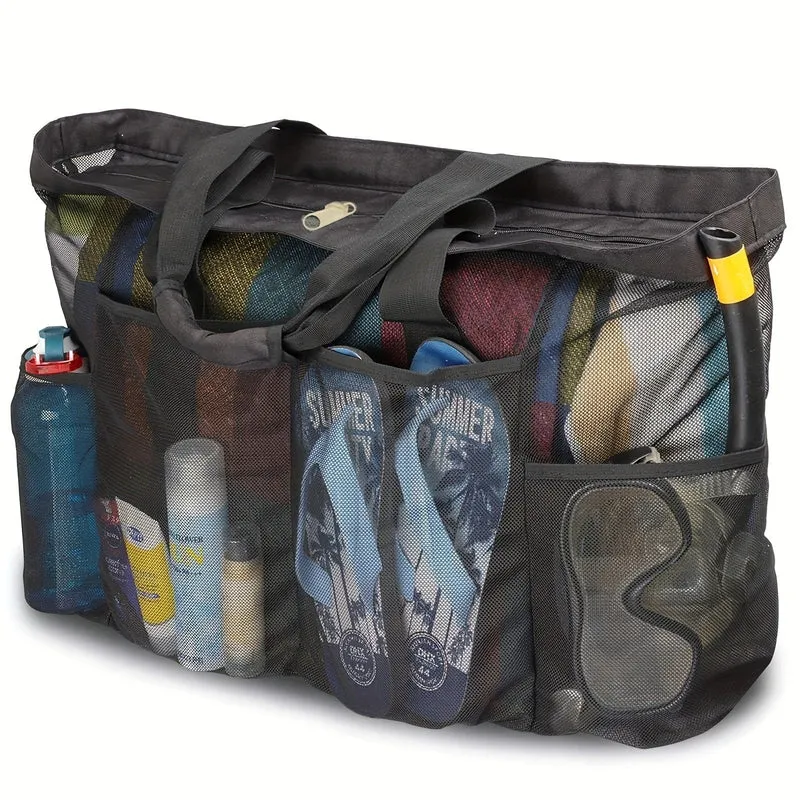 1 Stück extra große Mesh-Strandtasche, atmungsaktive Mesh-Tragetasche mit Reißverschluss und Seitentaschen, tragbare Organizer-Tasche mit großem Fassungsvermögen