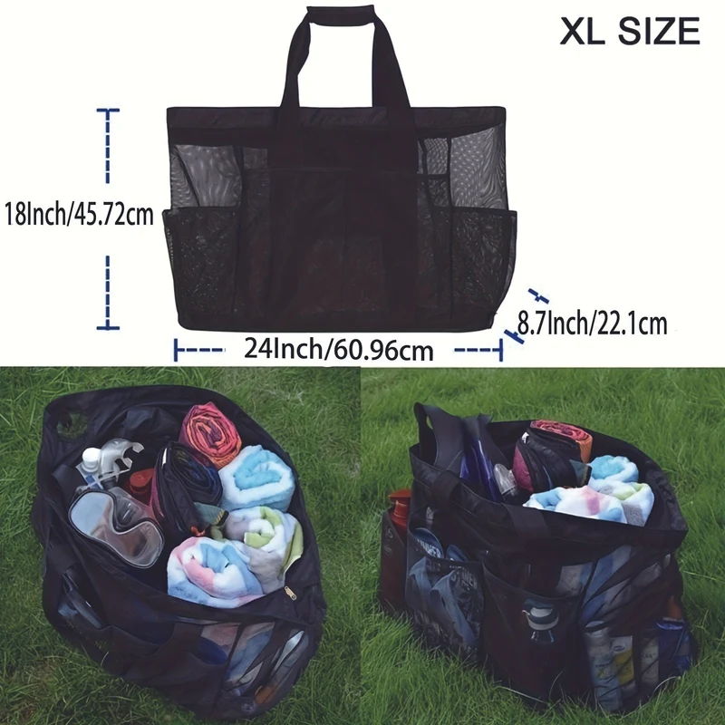 1 Stück extra große Mesh-Strandtasche, atmungsaktive Mesh-Tragetasche mit Reißverschluss und Seitentaschen, tragbare Organizer-Tasche mit großem Fassungsvermögen