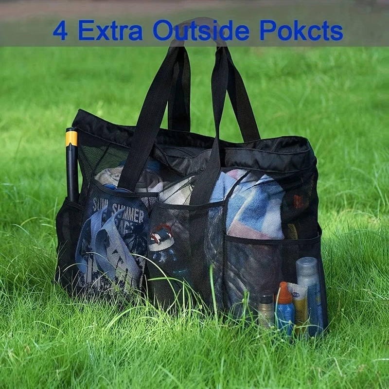 1 Stück extra große Mesh-Strandtasche, atmungsaktive Mesh-Tragetasche mit Reißverschluss und Seitentaschen, tragbare Organizer-Tasche mit großem Fassungsvermögen