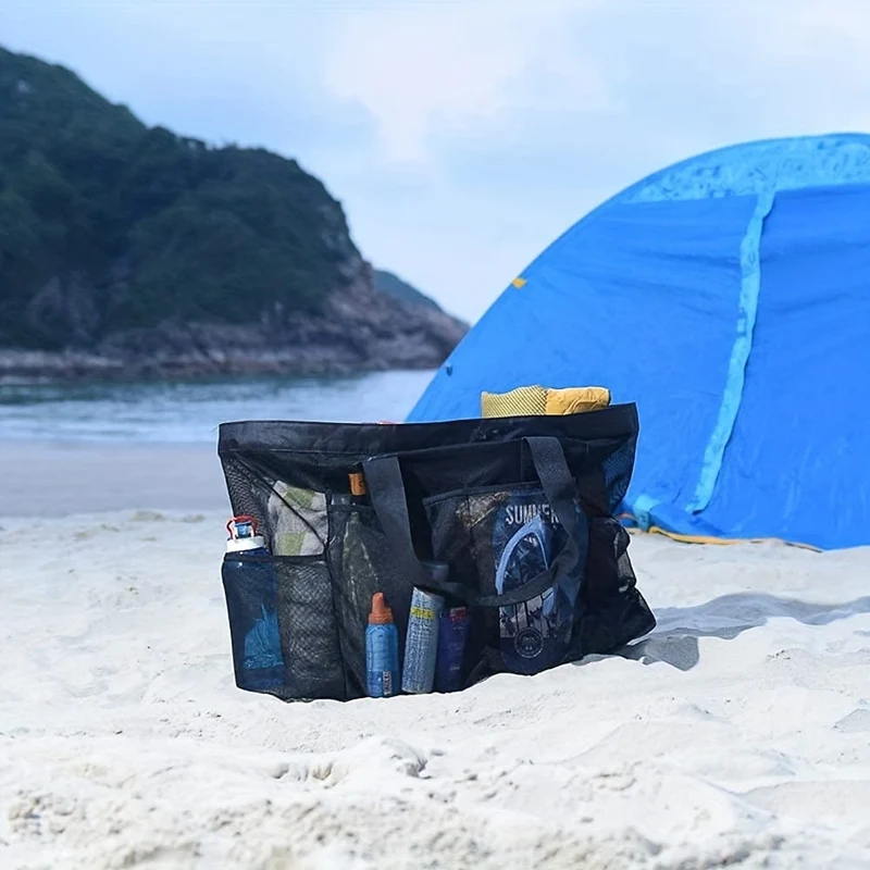 1 Stück extra große Mesh-Strandtasche, atmungsaktive Mesh-Tragetasche mit Reißverschluss und Seitentaschen, tragbare Organizer-Tasche mit großem Fassungsvermögen