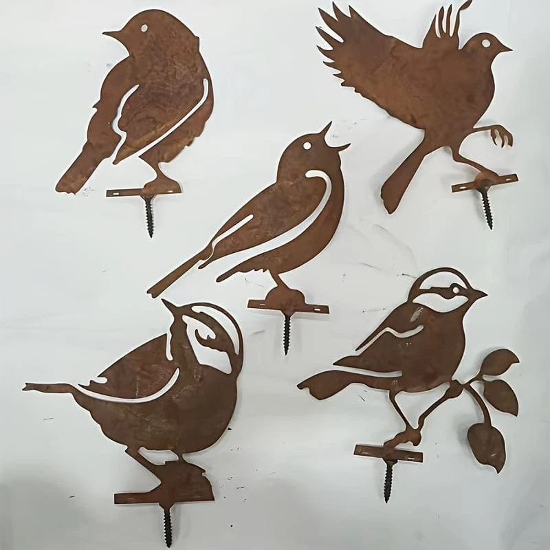 5-teilige rostige Vogeldekoration, lebensechte Metallvögel, Gartenornamente, Gartendekorationsset mit rostigen und kleinen Vögeln, rostige Dekoration für den Garten, Haushof-Dekoration für Weihnachten