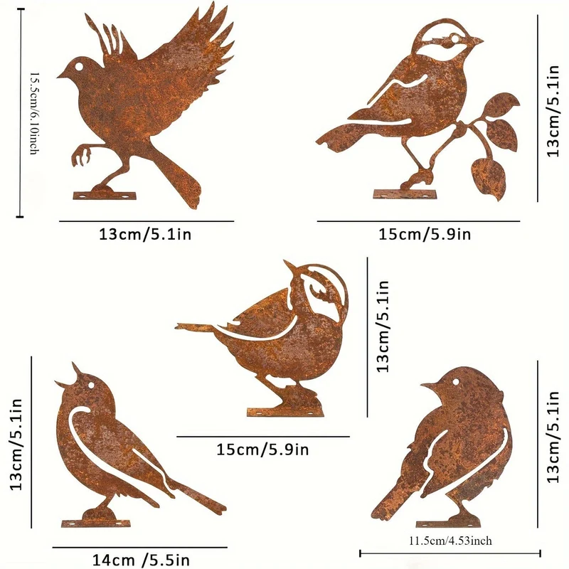 5-teilige rostige Vogeldekoration, lebensechte Metallvögel, Gartenornamente, Gartendekorationsset mit rostigen und kleinen Vögeln, rostige Dekoration für den Garten, Haushof-Dekoration für Weihnachten