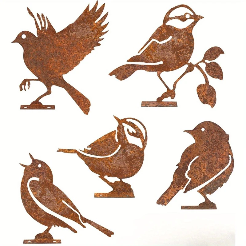 5-teilige rostige Vogeldekoration, lebensechte Metallvögel, Gartenornamente, Gartendekorationsset mit rostigen und kleinen Vögeln, rostige Dekoration für den Garten, Haushof-Dekoration für Weihnachten