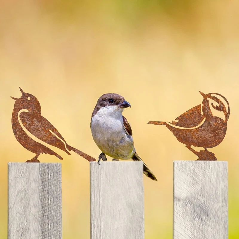5-teilige rostige Vogeldekoration, lebensechte Metallvögel, Gartenornamente, Gartendekorationsset mit rostigen und kleinen Vögeln, rostige Dekoration für den Garten, Haushof-Dekoration für Weihnachten