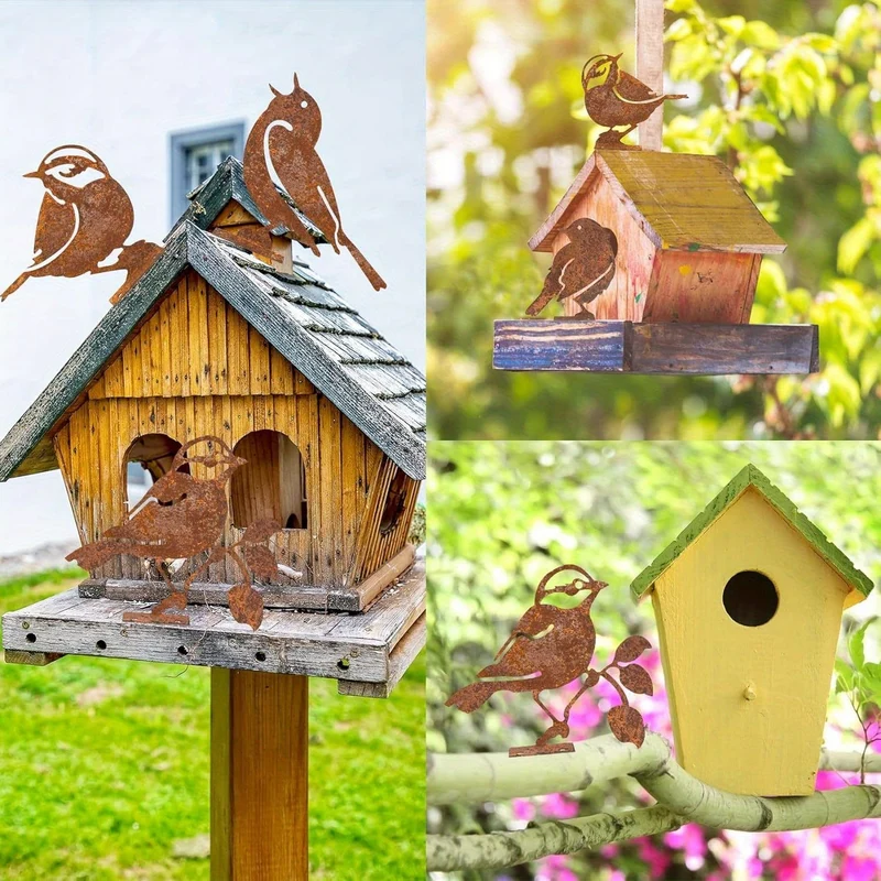 5-teilige rostige Vogeldekoration, lebensechte Metallvögel, Gartenornamente, Gartendekorationsset mit rostigen und kleinen Vögeln, rostige Dekoration für den Garten, Haushof-Dekoration für Weihnachten