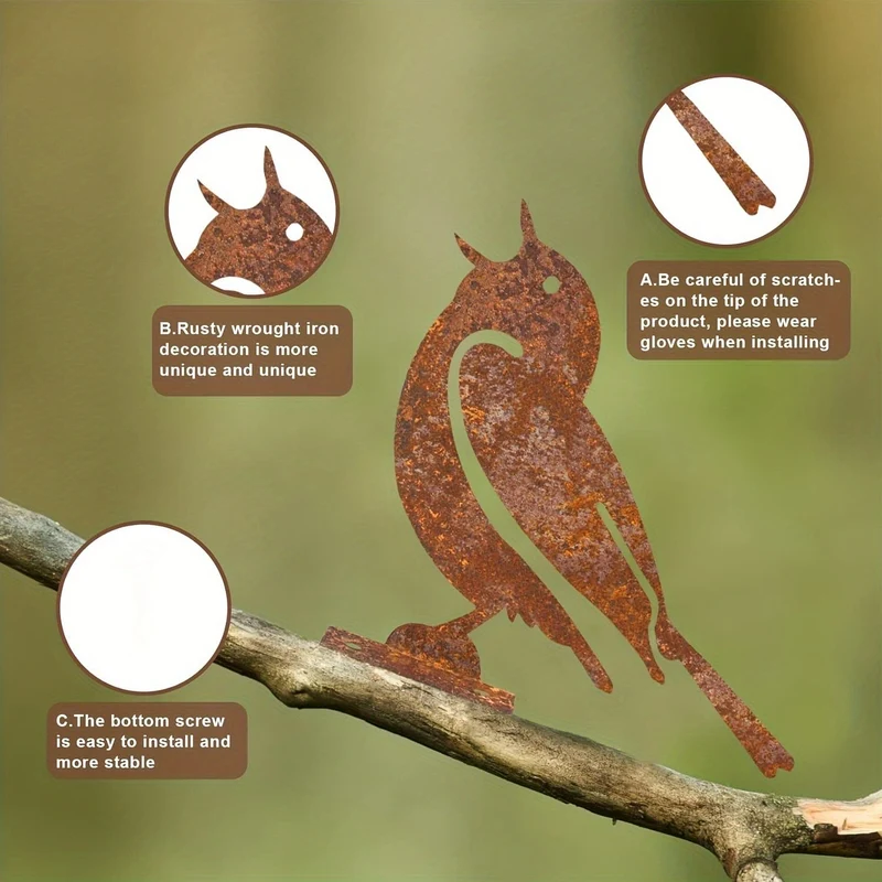 5-teilige rostige Vogeldekoration, lebensechte Metallvögel, Gartenornamente, Gartendekorationsset mit rostigen und kleinen Vögeln, rostige Dekoration für den Garten, Haushof-Dekoration für Weihnachten
