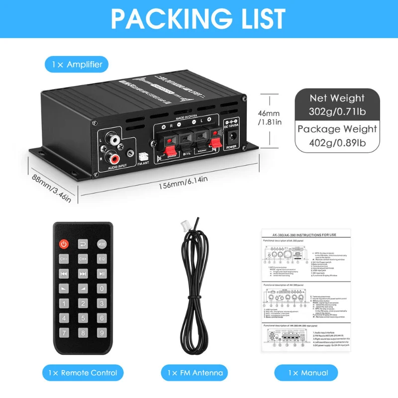 Verbesserte Version 1 Set, Auto-MP3-Mini-Verstärker, HiFi-Leistung, 800 W, 2 Kanäle, kabelloser Audio-Stereo-Verstärker, für Zuhause, Autos, FM