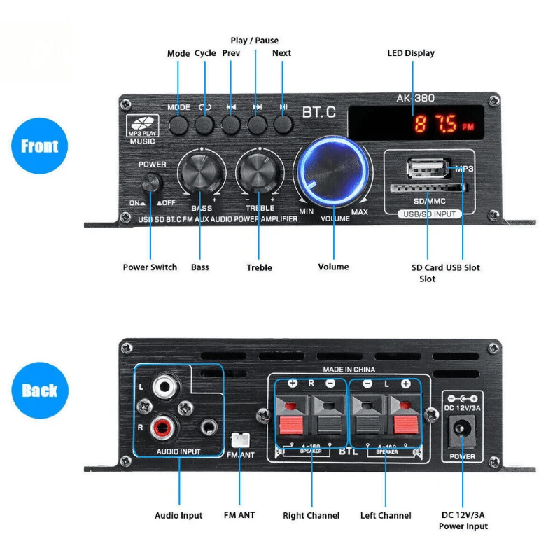 Verbesserte Version 1 Set, Auto-MP3-Mini-Verstärker, HiFi-Leistung, 800 W, 2 Kanäle, kabelloser Audio-Stereo-Verstärker, für Zuhause, Autos, FM