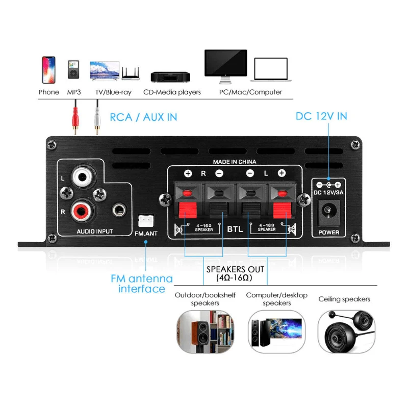 Verbesserte Version 1 Set, Auto-MP3-Mini-Verstärker, HiFi-Leistung, 800 W, 2 Kanäle, kabelloser Audio-Stereo-Verstärker, für Zuhause, Autos, FM
