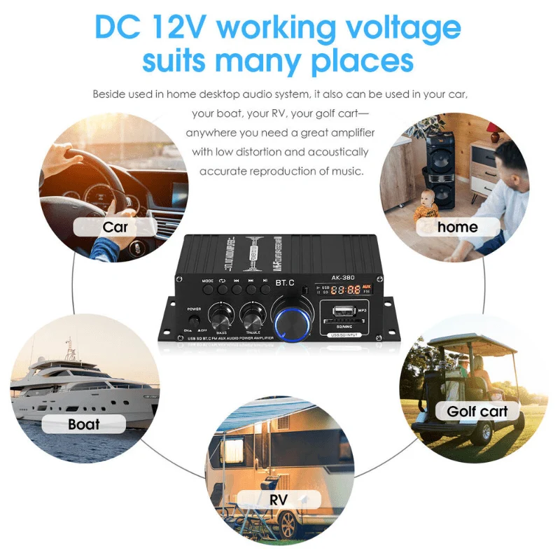 Verbesserte Version 1 Set, Auto-MP3-Mini-Verstärker, HiFi-Leistung, 800 W, 2 Kanäle, kabelloser Audio-Stereo-Verstärker, für Zuhause, Autos, FM