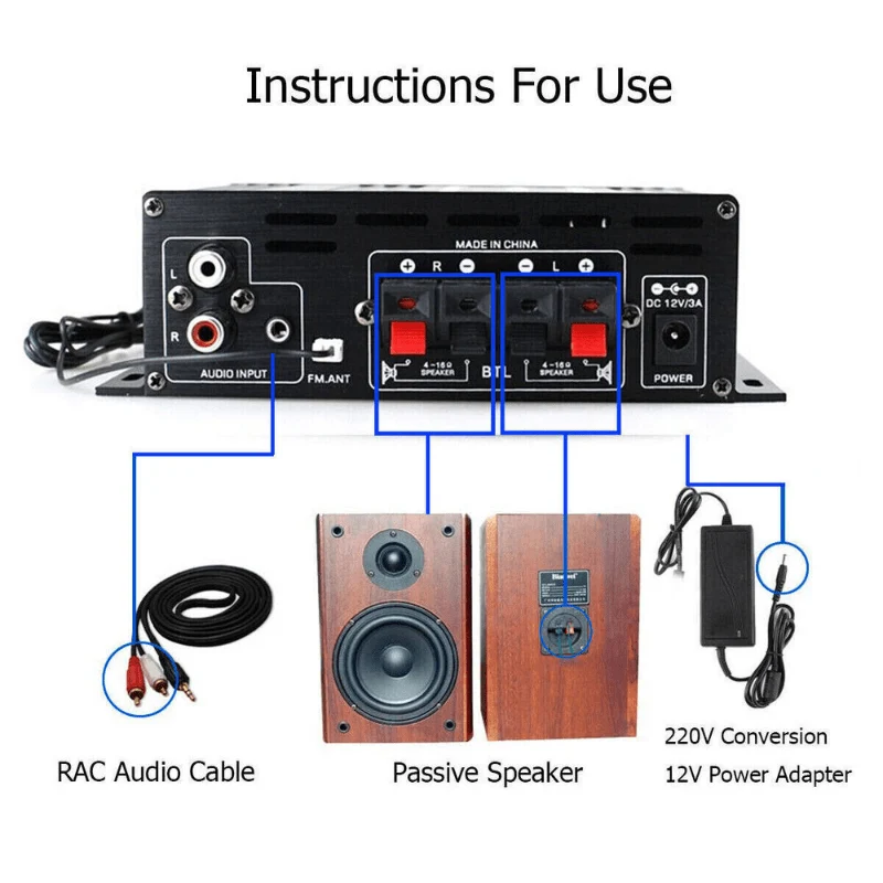 Verbesserte Version 1 Set, Auto-MP3-Mini-Verstärker, HiFi-Leistung, 800 W, 2 Kanäle, kabelloser Audio-Stereo-Verstärker, für Zuhause, Autos, FM