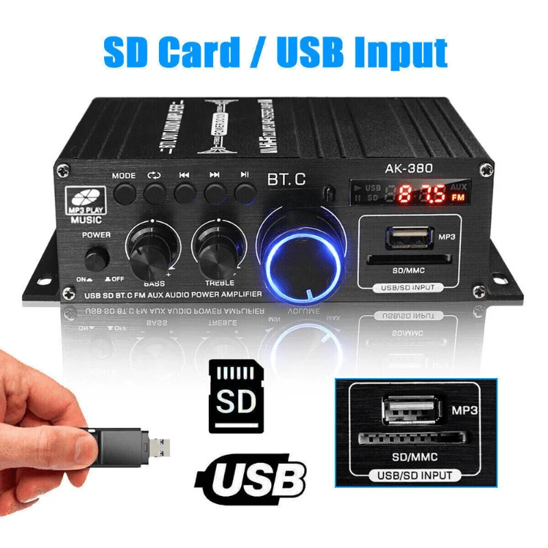 Verbesserte Version 1 Set, Auto-MP3-Mini-Verstärker, HiFi-Leistung, 800 W, 2 Kanäle, kabelloser Audio-Stereo-Verstärker, für Zuhause, Autos, FM