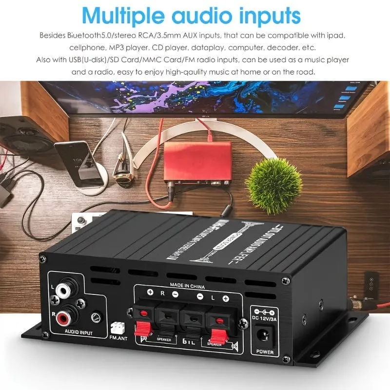 Verbesserte Version 1 Set, Auto-MP3-Mini-Verstärker, HiFi-Leistung, 800 W, 2 Kanäle, kabelloser Audio-Stereo-Verstärker, für Zuhause, Autos, FM