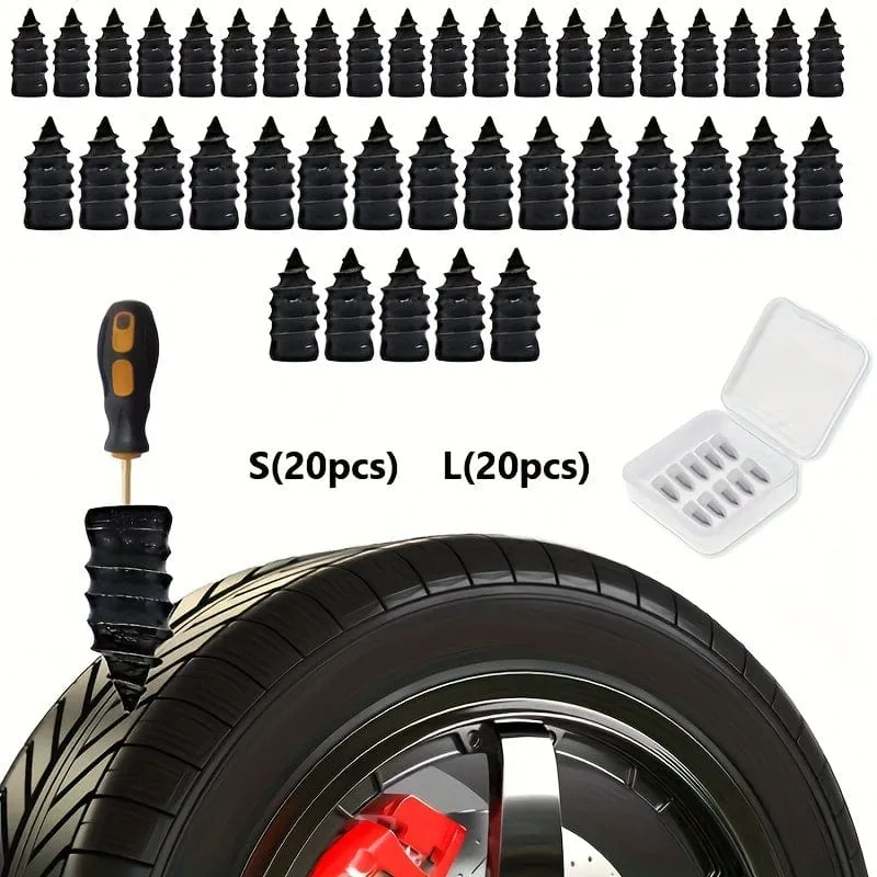 40 Stück (S 20 Stück + L 20 Stück), separat verpackt, Vakuum-Reifen-Schnellreparaturset mit spiralförmigen Gumminägeln, geeignet für Autos und Motorräder