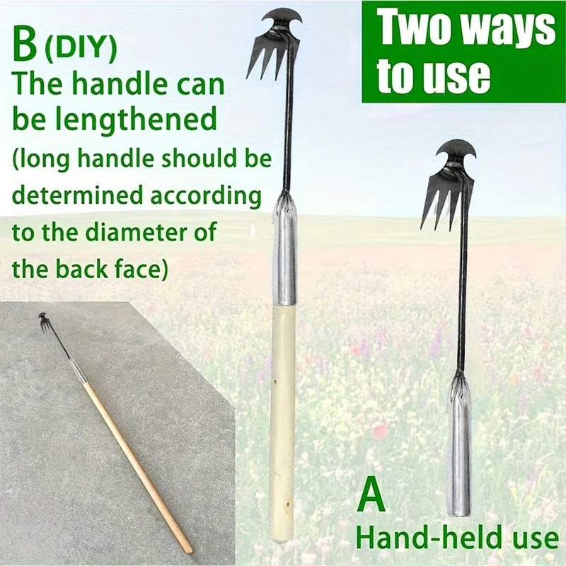 1 Stück kleiner Unkrautstecher mit 4 Zähnen, Gartenhandwerkzeuge, Unkrautentferner-Werkzeug für den Garten. Ergonomisches Unkrautstecher-Werkzeug (der Griff kann selbst verlängert werden) – Stand-Unkrautstecher für mühelose Rasen- und Gartenpflege.