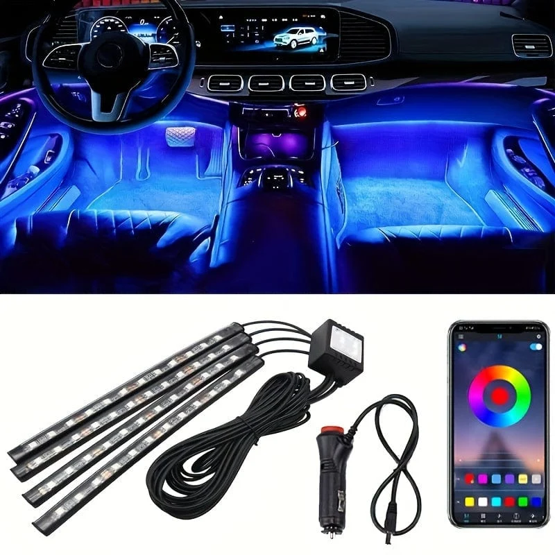 1 Set Auto-LED-Fußlichtleiste 2.54 cm 4 Innenmusik-Sprachsteuerungslicht APP-Steuerung RGB-dekorative Lampe Feuerzeugadapter Umgebungslichtleiste