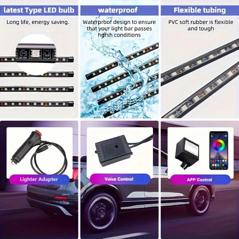 1 Set Auto-LED-Fußlichtleiste 2.54 cm 4 Innenmusik-Sprachsteuerungslicht APP-Steuerung RGB-dekorative Lampe Feuerzeugadapter Umgebungslichtleiste