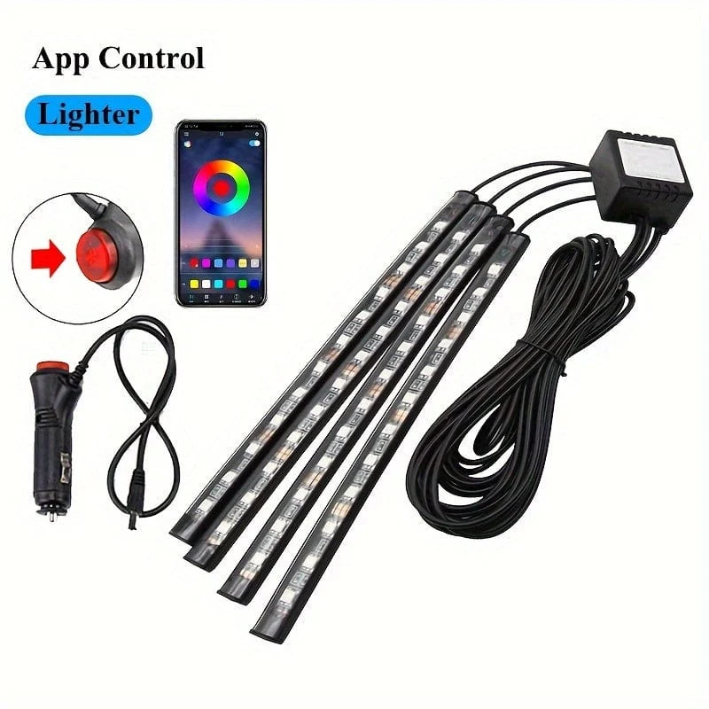1 Set Auto-LED-Fußlichtleiste 2.54 cm 4 Innenmusik-Sprachsteuerungslicht APP-Steuerung RGB-dekorative Lampe Feuerzeugadapter Umgebungslichtleiste