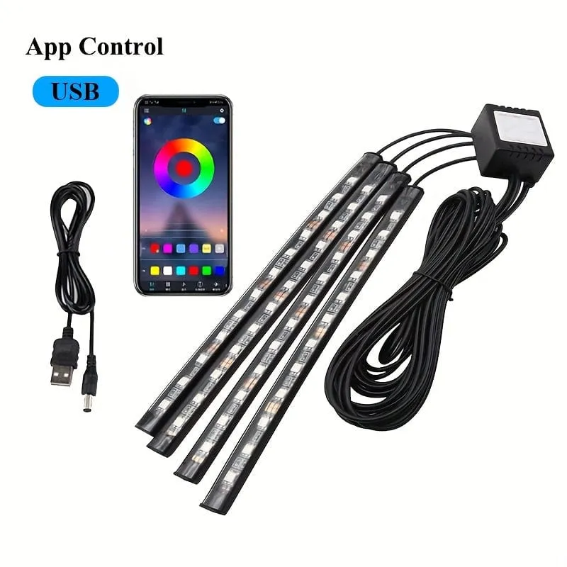 1 Set Auto-LED-Fußlichtleiste 2.54 cm 4 Innenmusik-Sprachsteuerungslicht APP-Steuerung RGB-dekorative Lampe Feuerzeugadapter Umgebungslichtleiste