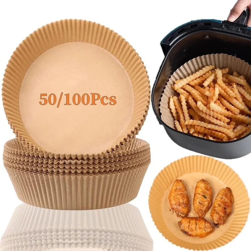 50/100 Stück, Einwegpapiereinlagen für Heißluftfritteusen, Einwegeinlagen für Heißluftfritteusen, antihaftbeschichtete Backpapiere für Heißluftfritteusen, runde Papiereinlagen für Heißluftfritteusen, antihaftbeschichtetes Pergamentpapier zum Backen, Braten, Mikrowellen, Küchenzubehör, Werkzeuge