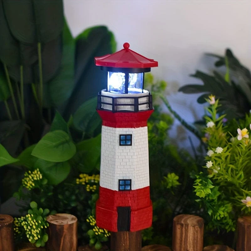 1 Stück, Solar-Leuchtturm, Gartenleuchten, LED-Solar-Leuchtturm-Statue mit rotierendem Licht, wasserdichte Gartenornamente, Szenendekoration, Festival-Dekoration, Raumdekoration, Heimdekoration, Bürodekoration, Themenparty-Dekoration, Weihnachtsdekoration