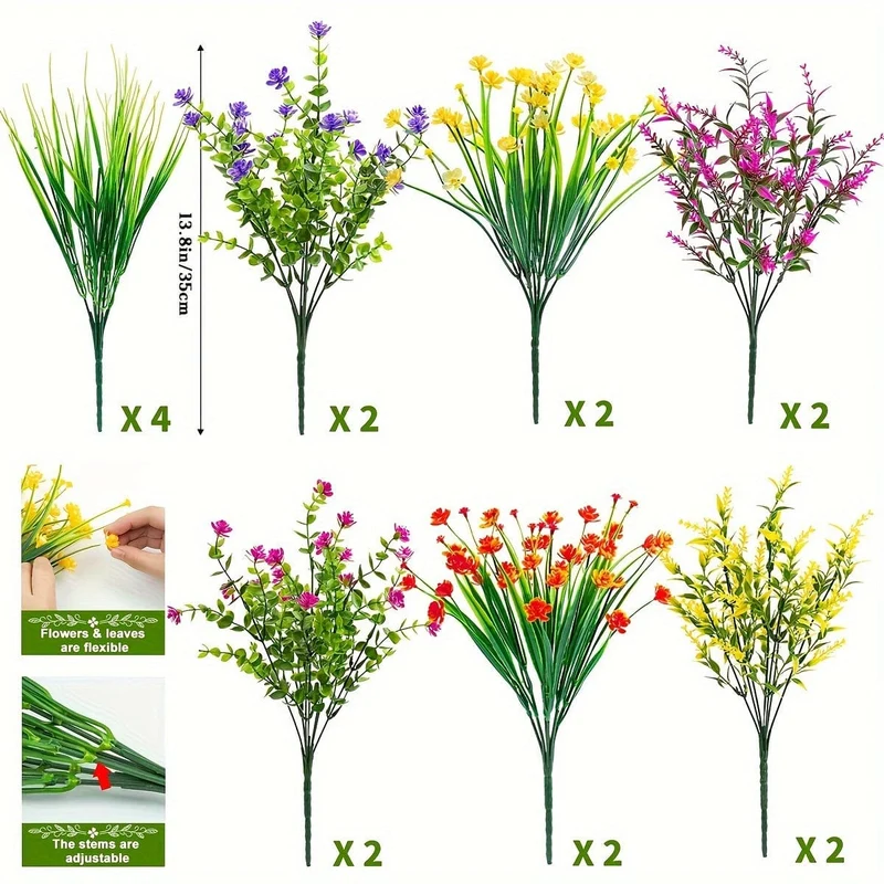 16 Bündel Outdoor-Kunststoffpflanzen, künstliche Blumen, Kunststräucher, Kunstpflanzen, Grün, Weizengras, UV-beständig, für Frühling, Sommer, Garten, Terrasse, Fenster, Büro, Tisch, Küche, Heimdekoration